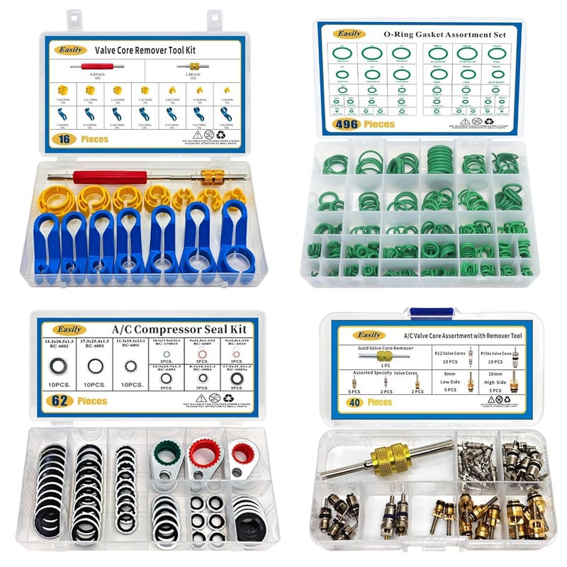 Easily 4 Set Car A/C Valve Core R134a Kit, 9 Sizes Gasket & 36 Sizes O-Ring Kit, AC Compressor Seal, Fuel Line Tool Set - Image 1